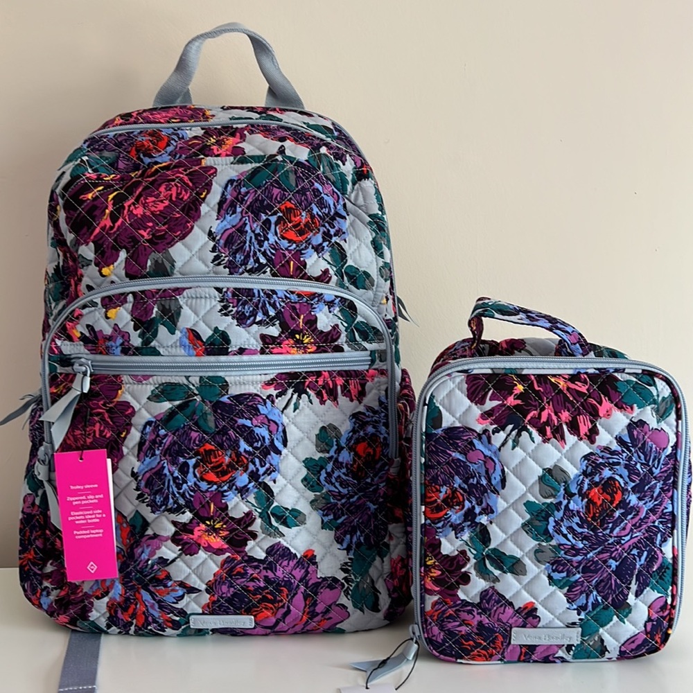 BUNDLE Vera Bradley Neon Blooms Campus Backpack and lunch bunch bag 2 pc set - Picture 2 of 6